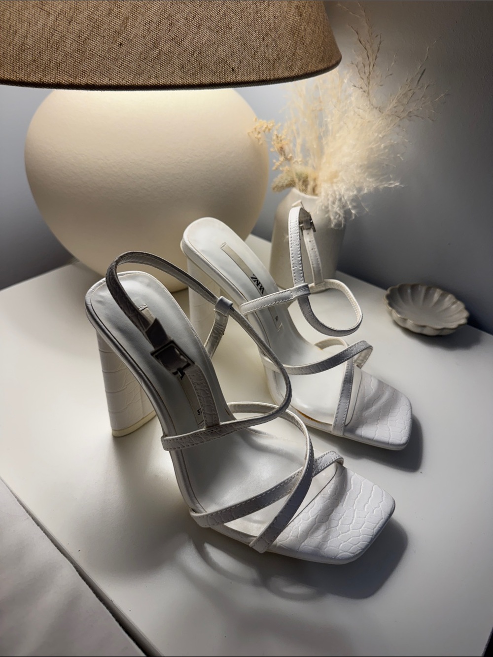 Zara White Strappy Block Heel Sandals